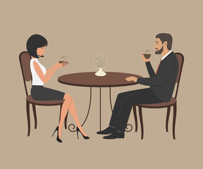 Coffee time. A young man and a young woman are sitting at a table and drinking coffee. Vector illustration.
