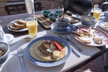 Pancake Breakfast with Coffee and Orange Juice