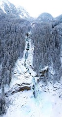 Krimml Waterfall Austria in winter aerial