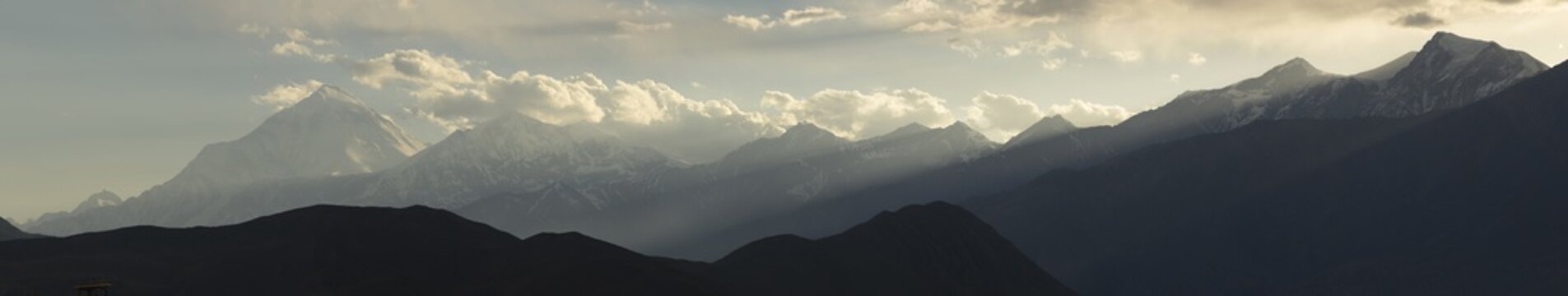 Panoramic view of the Dhaulagiri range in Mustang, Nepal.