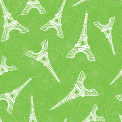 Vector Green Eifel Tower Paris and Roses Flowers Seamless Repeat Pattern. Perfect for travel themed postcards, greeting cards, wedding invitations.