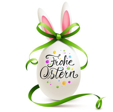 Frohe Ostern - Bemaltes Osterei und Osterhasen Ei mit Kalligraphie und geschwungener Schleife 