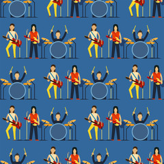 Cartoon musician play on sound modern guitar acoustic artist song entertainment seamless pattern background vector illustration.