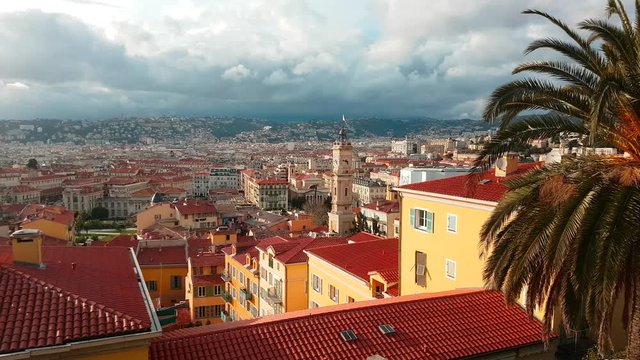 Timelapse Beautiful Panoramic Aerial View Over City of Nice France, French Riviera - 4K Video
