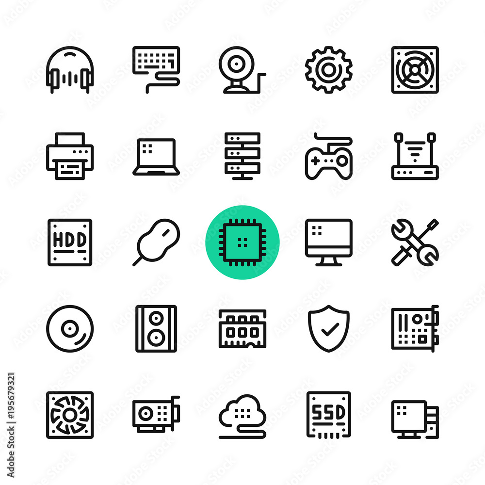 Fototapete computer parts, computer hardware line icons set. modern graphic design concepts, simple outline ele