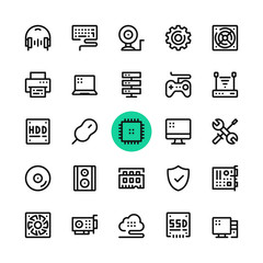 Computer parts, computer hardware line icons set. Modern graphic design concepts, simple outline elements collection. 32x32 px. Pixel perfect. Vector line icons
