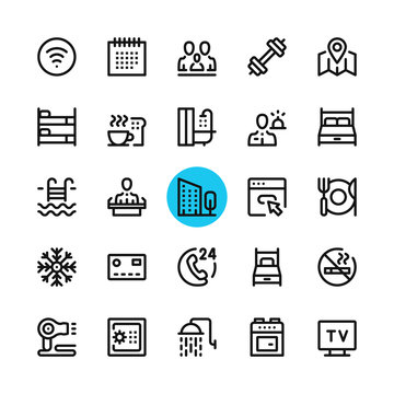 Hotel facilities, hotel services line icons set. Modern graphic design concepts, simple outline elements collection. 32x32 px. Pixel perfect. Vector line icons