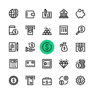 Money, banking line icons set. Modern graphic design concepts, simple outline elements collection. 32x32 px. Pixel perfect. Vector line icons