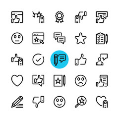 Testimonials, feedback, customer satisfaction, review line icons set. Modern graphic design concepts, simple outline elements collection. 32x32 px. Pixel perfect. Vector line icons