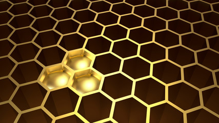Golden hexagonal honeycomb with three full hole with gold. Abstract background, 3d illustration