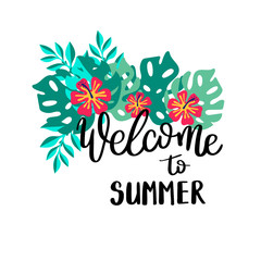 Welcome to summer. Summer quote. Handwritten for holiday greeting cards. Hand drawn illustration. Handwritten lettering. Hand Drawn lettering. Summer card design elements. Vector 10 eps