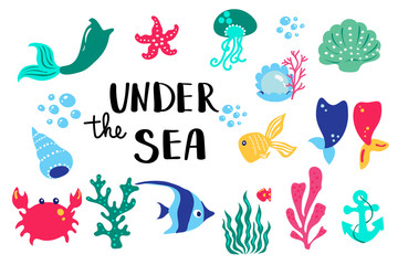 Summer lettering under sea. Set hand drawn icons, signs and banners. Bright summertime poster. Collection Summer hand drawn elements for summer holiday and party. Vector illustration.