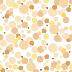 Gold background. Yellow and gold circles on white background.  colorful round confetti splash isolated on white background. Circles confetti fall from top to bottom. Postcard design.