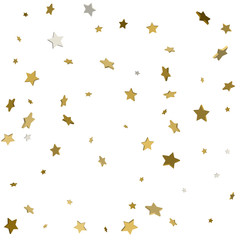 3d Gold star confetti rain festive holiday background. Vector golden paper foil stars falling down isolated on transparent background.