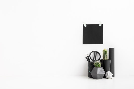 Black, White Home, Office, Workspace With Stationery And Cactussses