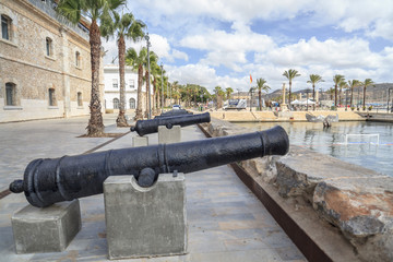 Fototapeta na wymiar Port view,promenade and old cannons in Cartagena,Spain.