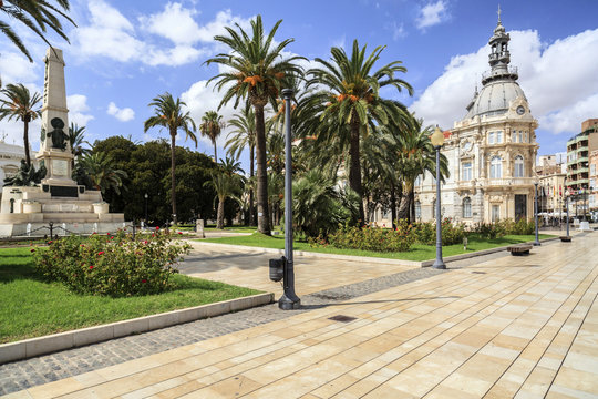 Street view, square, Plaza Heroes de Cavite, historic center and touristic point city,Cartagena,Spain.