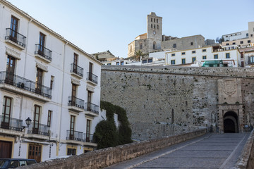 Fototapeta premium Historic center, Gateway, Portal de Ses Taules, main entrance to the walled enclosure of the old town of Ibiza, Balearic Islands.Spain.