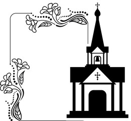 Black and white floral frame with abstract christian temple. 