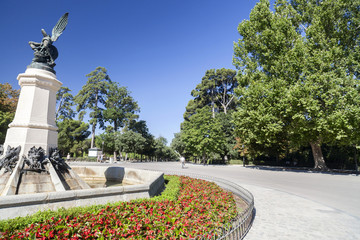 Gardens and fountain of the Fallen Angel, Buen retiro park, largest public park in historic center of Madrid.
