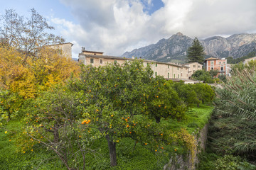 Fototapeta premium Landscape, traditional houses and mountain, serra de tramuntana, Soller, Mallorca island, Balearic Islands.Spain.