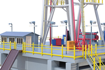 Rig metal platform machinery oil production, close view. 3D rendering
