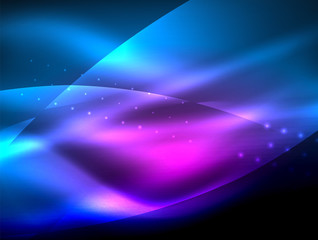 Neon wave background with light effects, curvy lines with glittering and shiny dots, glowing colors in darkness, magic energy