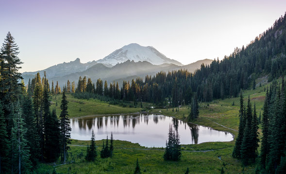 Sun setting over Mt Rainier at Tipsoo lake in Mt Rainier national park in Washington