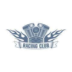 monochrome vector  bikers racing club logo; motorcycle club badge with a flame, motor and ribbon; motorcycle service icon