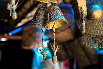 Handmade brass bells. Selective focus. 