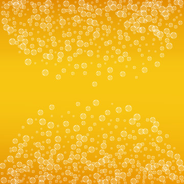 Beer background with realistic bubbles. Cool liquid drink for pub and bar menu design, banners and flyers. Yellow square beer background with white frothy foam. Cold glass of ale for brewery design.