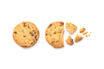 homemade chocolate chip cookies on white background in top view