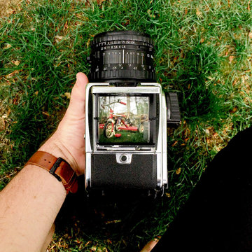 A look down the waist level viewfinder of a classic medium format camera.
