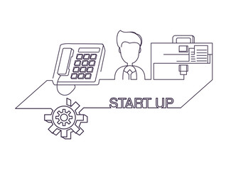 One line design of start up concept with telepphone and businessman icon over white background, vector illustration