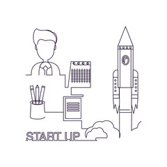 One line design of start up concept with avatar businessman and rocket over white background, vector illustration