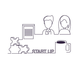 One line design of start up concept with avatar man and woman with related icons over white background, vector illustration