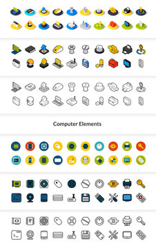 Set of icons in different style - isometric flat and otline, colored and black versions