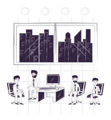 Sketch of office with businessmen talking and sitting on desk chairs over white background, vector illustration