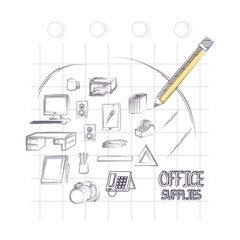 pencil and Office supplies around over white background, sketch design. vector illustration