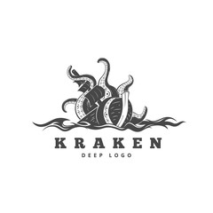 Giant evil kraken logo, silhouette octopus sea monster with tentacles