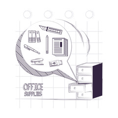 office drawers and speech bubble with Office supplies over background, vector illustration