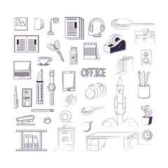 Office supplies around over white   background, sketch design. vector illustration