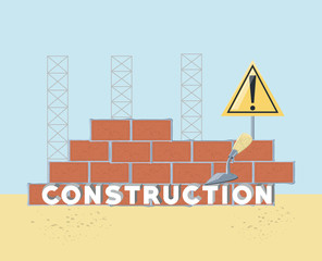 Bricks wall and warning sign  over blue background, colorful design vector illustration