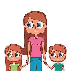 mother and her kids together holding hands portrait vector illustration
