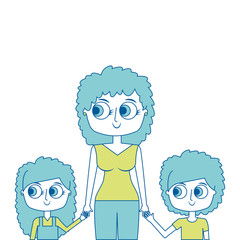 mother and her kids together holding hands portrait vector illustration green image