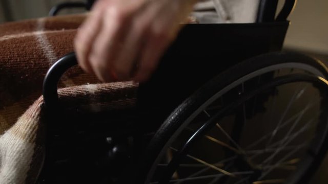 Old wheelchair woman coming in nursing home room, disability, volunteering