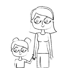 mother holding hand with her daughter portrait vector illustration green image sketch image