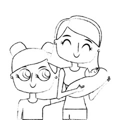 smiling mother is holding her little baby and daughter vector illustration green image sketch image