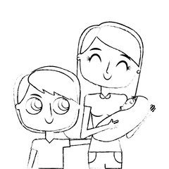 cute mother holding her baby and son child vector illustration green image sketch image
