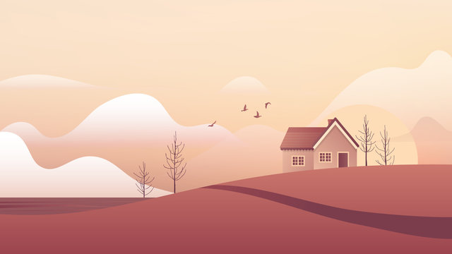 Small house on hill landscape, brown and orange tones